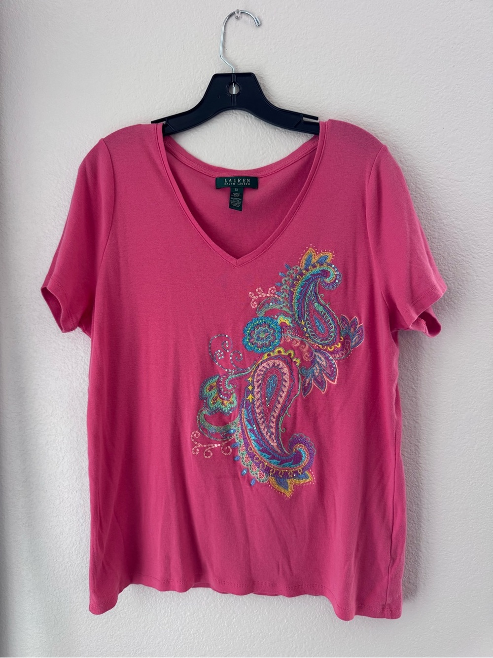 Lauren Ralph Lauren Pink V-Neck Paisley Embroidered Top 1X
